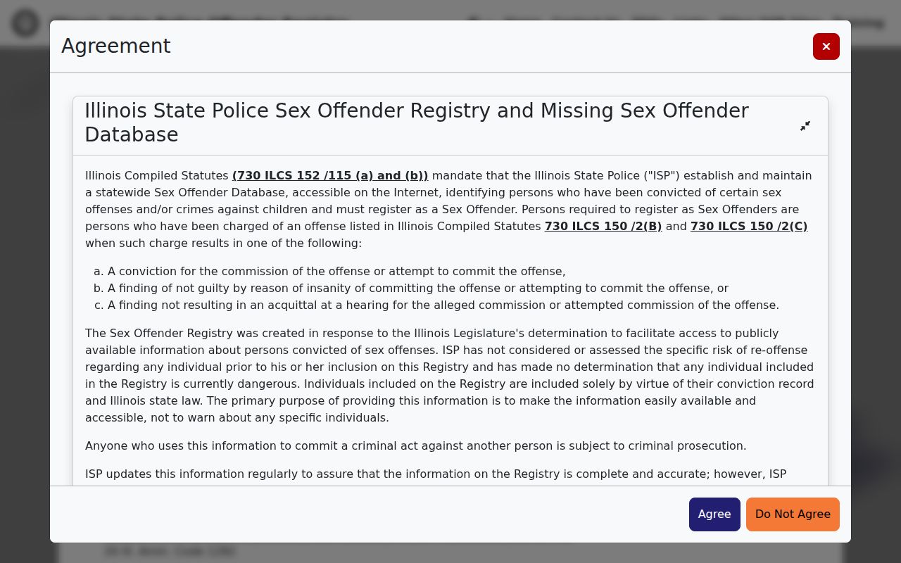 Cook County sex offender search disclaimer on the Illinois State Police registry